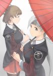  2girls bangs black_legwear breasts brown_hair chitose_(kantai_collection) chiyoda_(kantai_collection) closed_mouth grey_background grey_eyes hair_ribbon headband highres holding holding_umbrella japanese_clothes kantai_collection long_hair long_sleeves multiple_girls oriental_umbrella raincoat ribbon short_hair silver_hair simple_background taruya thigh-highs umbrella 