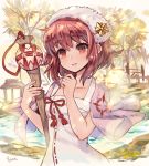  1girl artist_name dress fire_emblem fire_emblem_fates fire_emblem_heroes fujimaru_(green_sparrow) holding holding_staff parted_lips pink_eyes pink_hair pink_towel sakura_(fire_emblem) short_hair solo staff towel towel_around_neck towel_on_head tree 