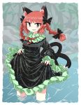  1girl animal_ears bangs bare_legs black_bow black_dress bow braid breasts cat_ears cat_tail chups dress extra_ears eyebrows_visible_through_hair fang frilled_dress frilled_sleeves frills green_frills highres holding_dress in_water kaenbyou_rin long_sleeves looking_at_viewer medium_hair multiple_tails open_mouth outdoors pointy_ears red_bow red_eyes red_nails red_neckwear redhead short_hair solo standing tail touhou twin_braids two_tails water wet 