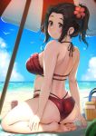  1girl ass back bare_arms bare_shoulders barefoot basket beach beach_towel beach_umbrella bikini black_eyes black_hair blue_sky day ebihara_naho from_behind full_body hair_ornament hair_scrunchie highres horizon idolmaster idolmaster_cinderella_girls long_hair looking_at_viewer looking_back ocean outdoors ponytail red_bikini scrunchie sitting sky smile soles solo summer swimsuit toruneko towel umbrella wariza white_scrunchie 