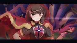  1girl bangs blush brown_eyes brown_hair cape closed_mouth commentary_request cosplay dande_(pokemon) dande_(pokemon)_(cosplay) dynamax_band eternatus eyelashes fur-trimmed_cape fur_trim gen_8_pokemon legendary_pokemon looking_at_viewer pokemon pokemon_(creature) pokemon_(game) pokemon_swsh red_cape shiny shiny_hair shirt short_sleeves smile umiru wristband yuuri_(pokemon) 