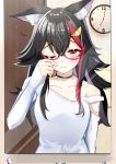  1girl absurdres alternate_costume animal_ears black_hair blush clock collarbone commentary_request glasses hair_between_eyes hair_ornament hairclip highres hololive long_hair looking_at_mirror mirror ookami_mio solo waking_up wolf_ears 