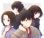  2boys 2girls absurdres black_hair blue_eyes brown_eyes gakuran hayakawa_rou highres jacket morinome_shinako multiple_boys multiple_girls nonaka_haru nyaa_(nnekoron) orange_eyes paperclip school_uniform short_hair simple_background turtleneck uozumi_rikuo violet_eyes yesterday_wo_utatte 