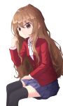  1girl aisaka_taiga bangs black_legwear blush brown_eyes brown_hair commentary_request eyebrows_visible_through_hair frown hand_in_hair hand_on_own_leg highres jacket long_hair long_sleeves looking_at_viewer oohashi_high_school_uniform pleated_skirt rapter30855 red_jacket red_ribbon ribbon school_uniform shirt simple_background skirt solo thigh-highs toradora! white_background white_shirt 