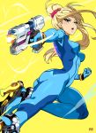  1girl artist_name ass bangs blonde_hair blue_bodysuit blue_eyes blush bodysuit breasts fighting_stance gloves gun high_ponytail highres lips long_hair looking_at_viewer medium_breasts metroid mole mole_under_mouth open_mouth ponytail samus_aran simple_background skin_tight smile solo super_smash_bros. tom_skender weapon yellow_background zero_suit 