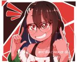  1girl bespectacled black-framed_eyewear brown_eyes collarbone cosplay fan glasses grin hair_ornament hairclip headphones ijiranaide_nagatoro-san index_finger_raised nagatoro_hayase off-shoulder_shirt off_shoulder one-piece_tan over-kneehighs persona persona_5 sachiko_shirayuki sakura_futaba sakura_futaba_(cosplay) shirt short_eyebrows smile solo tan tanline thigh-highs 