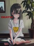  1girl bad_id bad_twitter_id bangs black_hair blood blush child english_text full_body hair_between_eyes highres indoors long_hair looking_at_viewer nadegata original plant potted_plant shirt short_sleeves sitting_on_floor smiley_face solo t-shirt 