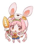  1girl amana_(pocketkey) animal_ears animal_hat bangs belt blue_shorts blush boots bow braid brown_belt brown_bow brown_eyes bunny_hair_ornament bunny_hat capelet chibi earmuffs eyebrows_visible_through_hair fake_animal_ears full_body fur-trimmed_boots fur-trimmed_capelet fur_trim hair_ornament hat holding holding_sword holding_weapon long_hair looking_at_viewer mimi_(princess_connect!) mittens open_mouth orange_mittens outstretched_arm pink_capelet pink_footwear pink_hair pink_headwear princess_connect! princess_connect!_re:dive puffy_shorts rabbit_ears shirt shorts simple_background solo standing sword twin_braids twintails very_long_hair weapon white_background white_shirt 