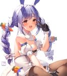  1girl absurdres animal_ear_fluff animal_ears black_gloves blue_hair blush braid breasts brown_legwear bunny-shaped_pupils carrot carrot_hair_ornament eyebrows_visible_through_hair food_themed_hair_ornament fur-trimmed_gloves fur_scarf fur_trim gloves hair_ornament highres hololive leg_garter long_braid long_hair looking_at_viewer multicolored_hair open_mouth pantyhose rabbit_ears ribbon_trim scarf simple_background sitting smile solo thick_eyebrows twin_braids two-tone_hair upper_teeth usada_pekora v virtual_youtuber vitaminechan white_background white_hair 