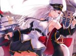  1girl absurdres armpits azur_lane bald_eagle bangs bare_shoulders belt bird bird_on_hand black_belt black_coat black_neckwear blurry blurry_background bow_(weapon) breasts buttons coat collared_shirt commentary cowboy_shot dutch_angle eagle enterprise_(azur_lane) eyebrows_visible_through_hair flight_deck hair_between_eyes hat highres holding holding_bow_(weapon) holding_weapon kxc7357 large_breasts long_hair long_sleeves looking_to_the_side military_hat necktie open_clothes open_coat parted_lips peaked_cap pleated_skirt rigging shirt sidelocks signature silver_hair skirt sleeveless sleeveless_shirt solo_focus standing underbust very_long_hair violet_eyes weapon white_background white_headwear 