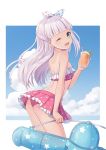  1girl anchor_hair_ornament ass bangs bikini blue_sky blunt_bangs breasts clouds commentary_request cup day drinking_straw emia_wang frilled_bikini frills green_eyes hair_ornament hair_ribbon highres holding holding_cup holding_innertube innertube kantai_collection long_hair maestrale_(kantai_collection) ocean one_eye_closed one_side_up outdoors polka_dot polka_dot_bikini ribbon silver_hair sky small_breasts solo star_(symbol) swimsuit tan tanline water white_ribbon 
