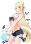  1girl absurdres animal_ears ball beach_volleyball beachball bikini blonde_hair braid bug butterfly cat_ears clothing_cutout crop_top from_side highres mikisai navel navel_cutout open_fly original shorts solo swimsuit tail white_background 