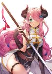  1girl absurdres belt blue_eyes braid breasts brown_belt brown_gloves closed_mouth curled_horns draph fingerless_gloves gloves granblue_fantasy hair_over_one_eye highres holding holding_sword holding_weapon horns katana large_breasts leg_garter long_hair looking_at_viewer narmaya_(granblue_fantasy) pink_hair pointy_ears puchipu simple_background single_braid smile solo sword weapon white_background 