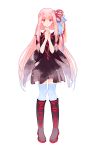  1girl :o bangs black_dress blue_legwear blunt_bangs boots detached_sleeves dress eyebrows_visible_through_hair full_body hair_ornament hands_together highres knee_boots kotonoha_akane long_hair looking_at_viewer official_art own_hands_together pink_hair red_eyes sidelocks solo standing tachi-e thigh-highs transparent_background very_long_hair voiceroid yagasuri yoshida_yoshitsugi zettai_ryouiki 