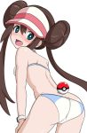  1girl ass bikini blue_eyes blush brown_hair commentary double_bun embarrassed from_behind hair_between_eyes kayama_kenji long_hair looking_at_viewer looking_back mei_(pokemon) nose_blush open_mouth poke_ball pokemon pokemon_(game) pokemon_bw2 sidelocks simple_background solo swimsuit trefoil twintails very_long_hair visor_cap watch watch white_background 