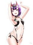  1girl armpits arms_up artist_request bangs bare_shoulders blush bob_cut breasts collarbone eyeliner fangs fate/grand_order fate_(series) headpiece highres horns looking_at_viewer makeup navel oni oni_horns open_mouth purple_hair revealing_clothes short_hair shuten_douji_(fate/grand_order) simple_background skin-covered_horns small_breasts smile violet_eyes white_background 