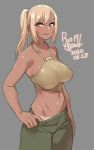  1girl 2020 :q agawa_ryou artist_name blonde_hair brown_eyes collarbone commentary dark_skin dated green_pants grey_background long_hair navel original pants ponytail signature simple_background solo tan tanline tongue tongue_out 