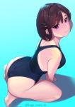  1girl absurdres all_fours ass back bangs bare_shoulders blue_background blue_swimsuit blush breasts brown_hair closed_mouth hair_ornament hairclip highleg highleg_swimsuit highres kagematsuri kneeling large_breasts leaning_forward looking_at_viewer one-piece_swimsuit original simple_background smile swimsuit thighs violet_eyes 