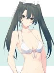  1girl alternate_costume bare_shoulders bikini blush breasts dark_green_hair hair_ribbon highres kantai_collection long_hair ribbon small_breasts solo sutaa_dasuto-kun swimsuit twintails upper_body white_bikini white_ribbon yellow_eyes zuikaku_(kantai_collection) 