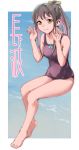  1girl alternate_costume alternate_hairstyle bare_shoulders barefoot black_hair breasts character_name highres kantai_collection large_breasts long_hair multicolored_hair naganami_(kantai_collection) one-piece_swimsuit pink_hair ponytail purple_swimsuit sakieko school_swimsuit solo swimsuit 