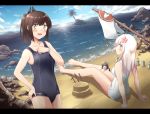  3girls ahoge any_(lucky_denver_mint) ass bangs bare_arms bare_legs bare_shoulders barefoot beach blue_sky blush bracelet breasts brown_eyes brown_hair clouds collarbone commentary_request day eyebrows_visible_through_hair fairy_(kantai_collection) flower hair_flower hair_ornament hairclip hand_on_hip horizon i-401_(kantai_collection) jewelry kantai_collection long_hair looking_at_viewer multiple_girls ocean one-piece_swimsuit one-piece_tan open_mouth orange_sailor_collar outdoors palm_tree ponytail ro-500_(kantai_collection) rock sailor_collar sand school_swimsuit short_hair short_ponytail side-tie_shirt sitting sky smile standing swimsuit tan tanline tree water 