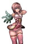  1girl armlet blue_eyes breasts corset dress final_fantasy final_fantasy_xiii final_fantasy_xiii-2 gloves green_gloves highres kelvin_hiu looking_at_viewer outstretched_hand pink_dress pink_legwear serah_farron short_dress short_hair side_ponytail skindentation small_breasts solo thigh-highs white_background 