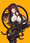  1girl bangs black_gloves black_legwear bullpup girls_frontline gloves gun highres holding holding_gun holding_weapon jacket long_hair looking_at_viewer necktie noir_(4chan) purple_hair rifle sniper_rifle solo torn_clothes torn_legwear violet_eyes wa2000_(girls_frontline) walther walther_wa_2000 weapon 