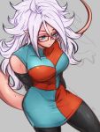  1girl android_21 blue_eyes checkered checkered_dress dragon_ball dragon_ball_fighterz dress glasses grey_background kemachiku long_hair majin_android_21 red_skin simple_background solo tail white_hair 