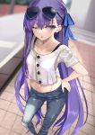  1girl blue_eyes blue_ribbon breasts casual day denim eyewear_on_head fate/grand_order fate_(series) hand_on_hip jeans kesoshirou long_hair looking_at_viewer meltryllis midriff one_eye_closed open_mouth pants purple_hair ribbon small_breasts solo sunglasses 