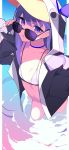  1girl absurdres animal_costume animal_hood bangs bikini blue_choker blush breasts choker eyebrows_visible_through_hair fate/grand_order fate_(series) highres hood kania long_hair looking_at_viewer meltryllis meltryllis_(swimsuit_lancer)_(fate) partially_submerged penguin_costume penguin_hood purple_hair small_breasts solo sunglasses swimsuit violet_eyes water white_bikini 