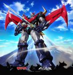  glowing glowing_eyes great_mazinger_(robot) highres holding holding_sword holding_weapon iron_saga logo looking_to_the_side mazinger_z mecha mechanical_wings mount_fuji mountain no_humans official_art oobari_masami promotional_art solo sword weapon wings yellow_eyes 