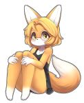  1girl animal_ears ass black_dress blush brown_eyes brown_hair closed_mouth collarbone dress eyebrows_visible_through_hair fetal_position fox_ears fox_tail full_body furry glasses highres jupiter_europe knees_up looking_at_viewer original round_eyewear short_hair solo tail 