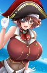  1girl absurdres adjusting_clothes adjusting_hat blue_sky blush breasts brown_hair cosplay eyepatch glasses gloves hat highres hololive houshou_marine houshou_marine_(cosplay) huge_breasts mameneko_pai mole mole_under_eye ocean orange_eyes original pirate pirate_hat red-framed_eyewear red_skirt short_hair skirt sky smile white_gloves 