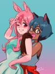  2girls absurdres animal_ear_fluff animal_ears arm_up blue_background blue_hair brand_new_animal clothes_around_waist dress fang fangs fox_ears fox_girl furry grin highres hiwatashi_nazuna hug hug_from_behind jacket jacket_around_waist kagemori_michiru long_hair multiple_girls one_eye_closed open_mouth pink_eyes pink_hair raccoon_ears raccoon_girl red_jacket short_hair simple_background smile sundress tank_top tsunemoku upper_body v white_dress white_tank_top 