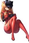  1girl animal_hat bangs black_headwear blue_eyes blush bodysuit breasts cat_hat closed_mouth eyepatch hair_ornament handheld_game_console hat highres holding_handheld_game_console knees_up legs long_hair looking_at_viewer medium_breasts neon_genesis_evangelion nintendo nintendo_switch orange_hair plugsuit rebuild_of_evangelion red_bodysuit shikinami_asuka_langley simple_background sitting souryuu_asuka_langley spider_apple two_side_up white_background 