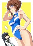  ... 2girls aono3 arm_behind_head arm_up bangs black_hair black_neckwear blouse blue_swimsuit blush_stickers breasts brown_eyes brown_hair closed_mouth commentary covered_navel dutch_angle eyebrows_visible_through_hair frown girls_und_panzer groin hairband half-closed_eyes hand_on_hip highleg highleg_swimsuit highres leaning_forward long_hair long_sleeves looking_at_another medium_breasts multiple_girls neckerchief nishizumi_miho one-piece_swimsuit ooarai_school_uniform outline reizei_mako sailor_collar school_uniform serafuku short_hair spoken_ellipsis standing sweatdrop swimsuit white_blouse white_hairband white_outline white_sailor_collar yellow_background 