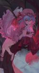  1girl bat_wings blue_hair dress highres looking_at_viewer mossi pink_dress pink_headwear red_eyes remilia_scarlet short_hair solo touhou v-shaped_eyebrows wings 