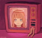  1girl bangs barefoot grey_eyes halo highres kapura long_hair looking_at_viewer original pink_theme shadow signature smile solo surreal television 