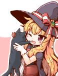  1girl animal bangs black_cat blonde_hair blush bow capelet cat cloak eyebrows_visible_through_hair gloves hair_between_eyes hat hat_bow highres holding holding_animal holding_cat kareya little_witch_nobeta long_hair nobeta open_mouth red_eyes smile solo witch_hat 