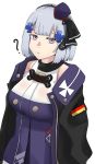  1girl ? absurdres bangs breasts girls_frontline hair_ribbon hat highres hk416_(girls_frontline) jacket looking_at_viewer medium_breasts medium_hair military military_hat military_uniform natawaru ribbon rpk-16_(girls_frontline) silver_hair solo uniform violet_eyes white_background 