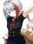  2girls admiral_graf_spee_(azur_lane) admiral_graf_spee_(maiden&#039;s_sunday)_(azur_lane) arm_support ayanami_(azur_lane) azur_lane bangs black_dress blue_eyes blush_stickers closed_mouth collared_shirt commentary_request desk double-breasted dress empty_eyes expressionless eyebrows_visible_through_hair grey_hair head_tilt hino_kagutsuki jitome multicolored_hair multiple_girls necktie red_neckwear redhead school_desk self_shot shirt short_sleeves simple_background solo_focus streaked_hair white_background 