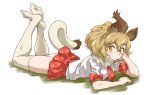  1girl animal_ear_fluff animal_ears bangs blonde_hair brown_hair elbow_rest feet_up full_body fur_collar hair_between_eyes highres kemono_friends lion_(kemono_friends) lion_ears lion_tail looking_at_viewer lying multicolored_hair necktie no_shoes on_stomach orange_eyes plaid plaid_neckwear plaid_skirt plaid_trim shirt short_hair short_sleeves simple_background skirt solo tail tanabe_(fueisei) the_pose thigh-highs two-tone_hair white_background white_legwear white_shirt 