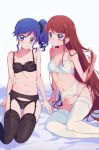  2girls aikatsu! aikatsu!_(series) bangs black_bra black_legwear black_panties black_scrunchie blue_eyes blue_hair bra breasts brown_hair closed_mouth garter_belt hair_ornament hair_scrunchie hand_in_hair highres kiriya_aoi lace lace-trimmed_bra lace-trimmed_panties leaning_to_the_side light_frown lingerie long_hair looking_at_viewer medium_breasts medium_hair multiple_girls navel on_bed panties parted_lips scrunchie shibuki_ran side_ponytail sitting skindentation small_breasts solo string_panties swept_bangs thigh-highs thigh_gap underwear underwear_only very_long_hair violet_eyes white_bra white_legwear white_panties yamamura_saki yokozuwari 