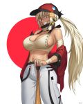  1girl bandaged_arm bandages baseball_bat blonde_hair breasts bursting_breasts commentary crazy_eyes crazy_smile dark_skin detached_collar english_commentary eyelashes fang grin highres jacket jewelry large_breasts long_hair midriff nyxkz off-shoulder_jacket original pants planted_weapon ponytail red_jacket ring sideboob smile solo sports_bra stomach suspenders_hanging toned weapon 
