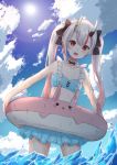  absurdres alternate_hairstyle bikini breasts clouds cloudy_sky collarbone commentary_request earrings hair_between_eyes highres hololive horns innertube jewelry long_hair looking_at_viewer nakiri_ayame oni_horns open_mouth red_eyes silver_hair sky small_breasts swimsuit twintails virtual_youtuber 