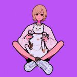  1girl black_nails black_shorts brown_eyes brown_hair cat crossed_legs full_body highres long_sleeves looking_at_viewer original purple_background second-party_source shirt shoes short_hair shorts simple_background sitting solo white_footwear white_shirt yoshi_mi_yoshi 