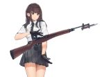  1girl bangs battle_rifle bayonet black_gloves black_hair blush breasts english_commentary eyebrows_visible_through_hair genso gloves gun m14 necktie original pleated_skirt rifle simple_background skirt smile solo weapon white_background 