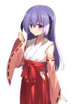  1girl bangs bare_shoulders blush breasts closed_mouth commentary_request detached_sleeves eyebrows_visible_through_hair hair_between_eyes hakama hanyuu highres higurashi_no_naku_koro_ni horns japanese_clothes long_hair long_sleeves looking_at_viewer mahcdai miko purple_hair red_hakama ribbon-trimmed_sleeves ribbon_trim simple_background small_breasts smile solo standing violet_eyes white_background wide_sleeves 