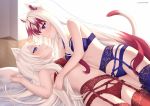  2girls animal_ear_fluff animal_ears artist_name bare_arms bare_shoulders blue_bra blue_legwear blue_panties blurry blurry_background blush bra breasts cat_ears cat_girl cat_tail closed_mouth commentary_request depth_of_field eye_contact garter_belt girl_on_top gradient_hair lace lace-trimmed_legwear lingerie long_hair looking_at_another lying medium_breasts multicolored_hair multiple_girls nami_(nyaa) on_back original panties red_bra red_legwear red_panties redhead smile tail tail_raised thigh-highs underwear underwear_only very_long_hair white_hair wooden_floor yuri 