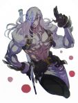  1boy absurdres belt black_gloves blue_eyes closed_mouth gloves grey_hair guilty_gear hair_over_one_eye highres holding holding_weapon long_hair male_focus muscle navel original shirtless simple_background sketch solo sutegoro venom_(guilty_gear) weapon white_background white_hair 